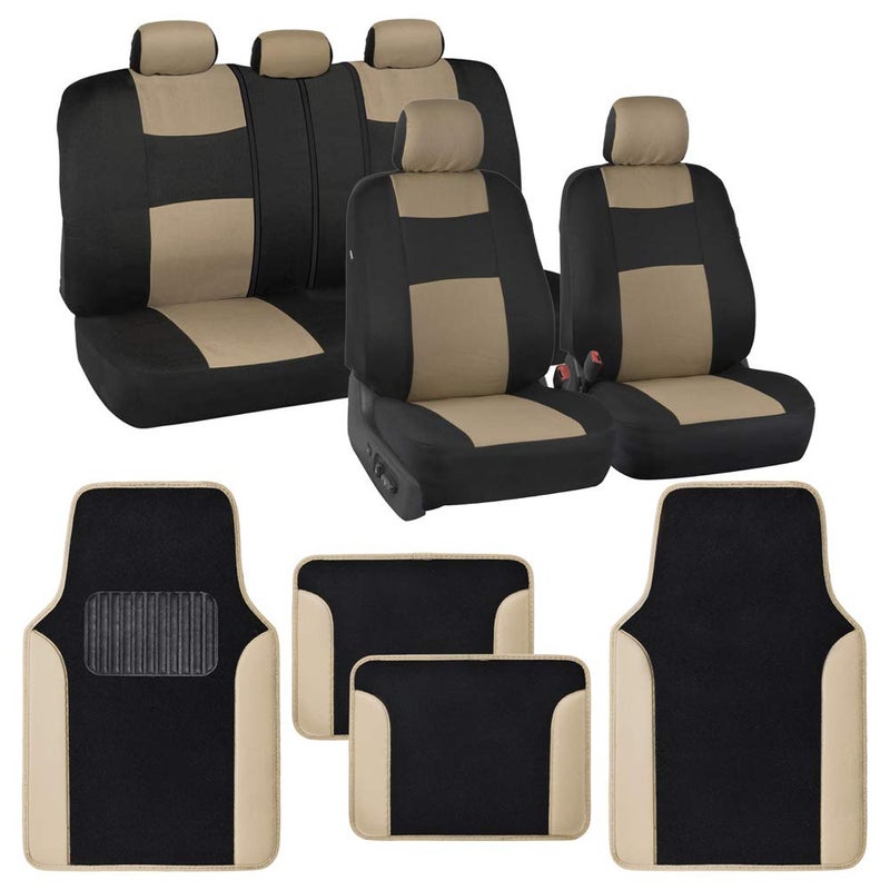 BDK PolyPro Beige Car Seat Covers Full Set with 4-Piece Car Floor Mats - Two-Tone Seat Covers for Cars with Carpet, Interior Covers for Auto Truck Van SUV - Image 1
